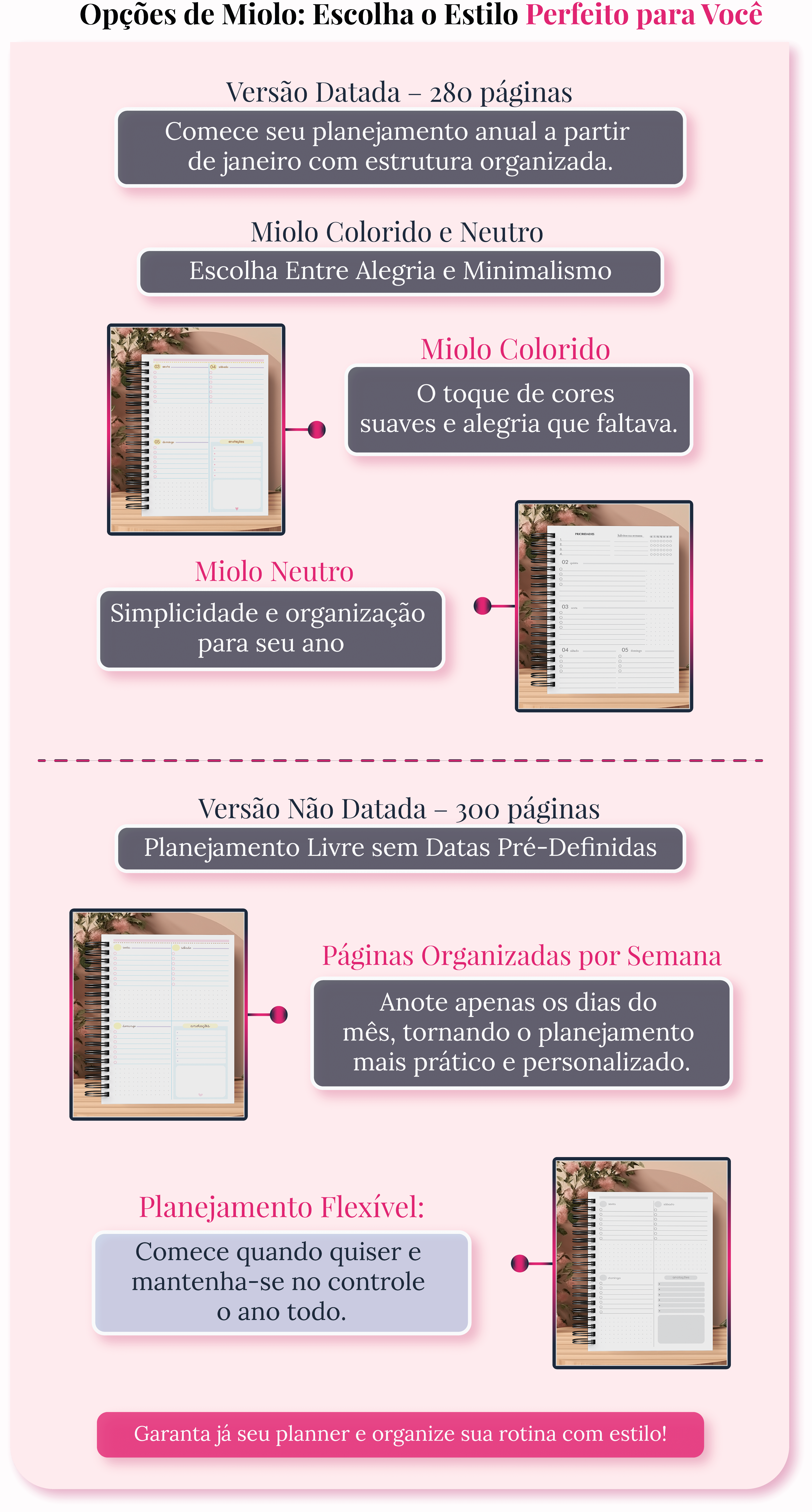 Imagem das versões disponíveis do Planner Professor 2025: miolo colorido e neutro, ambos disponíveis nas opções datada e não datada.